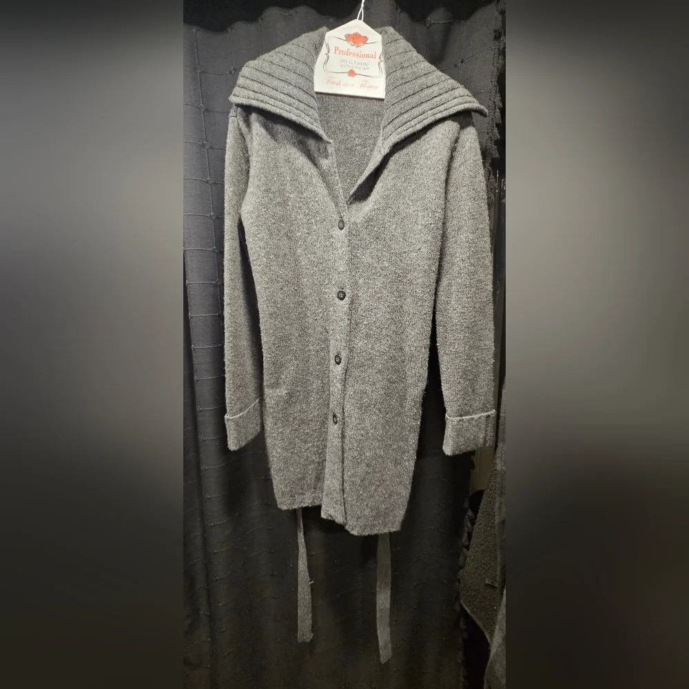 Relativity 100% Lambswool Grey Belted Longline Cardigan Sweater Size M - Picture 5 of 9
